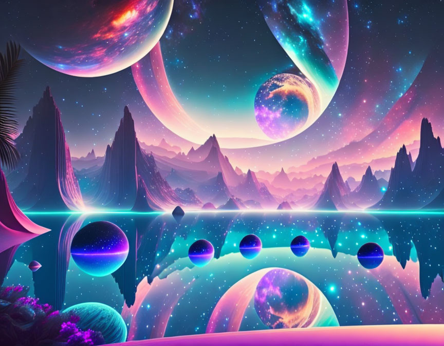 Colorful Alien Landscape with Planets, Moons, Stars, and Nebula Sky