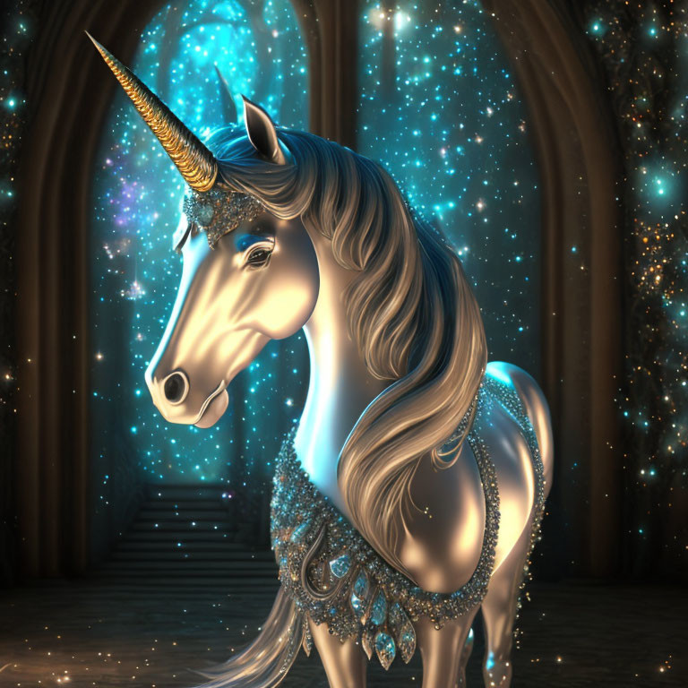 Majestic unicorn in enchanted forest with starry backdrop