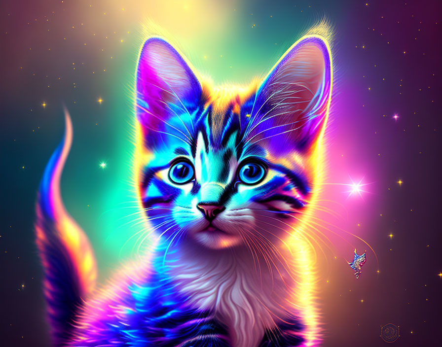 Colorful Kitten Illustration with Cosmic Background and Butterfly