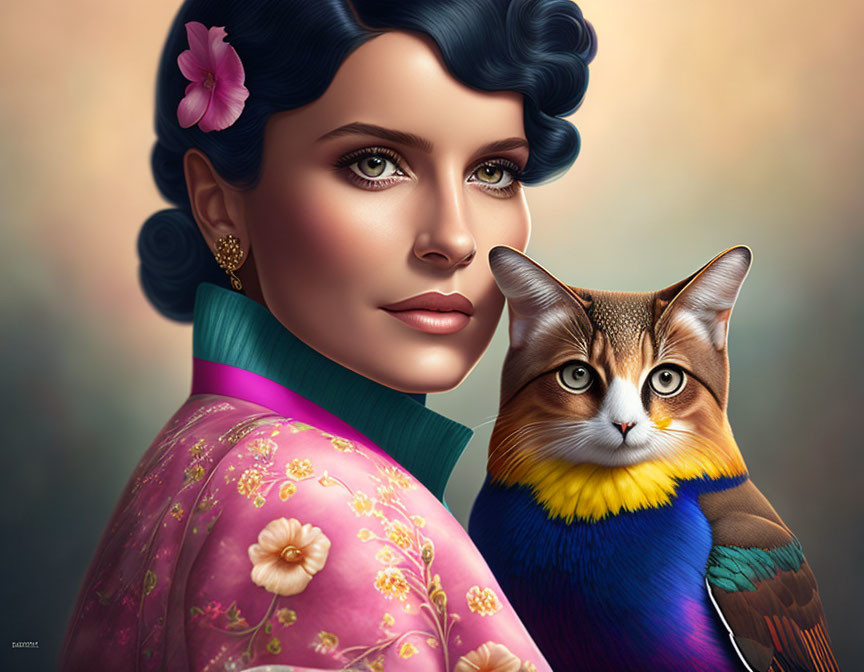 Stylized illustration of woman with blue hair and pink flower next to cat with multicolored feathers