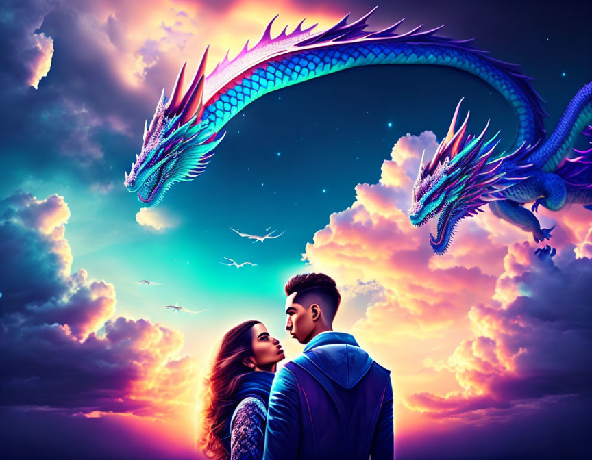 Vibrant digital artwork of couple with mythical dragon in twilight sky