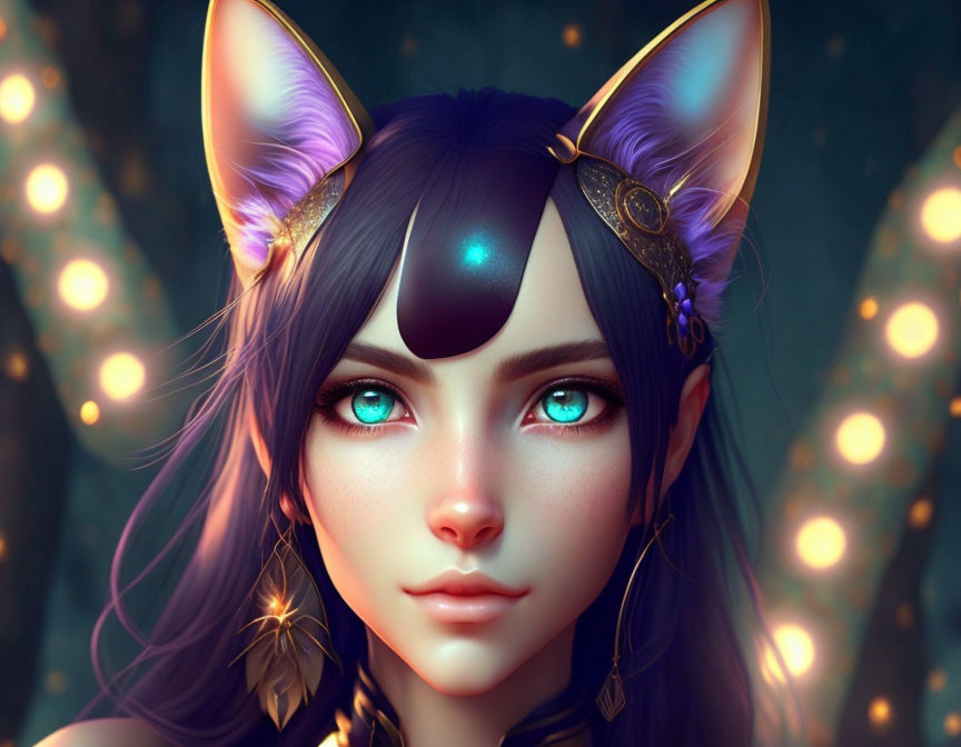 Female character with blue eyes, cat ears, crescent moon, and mystical backdrop.