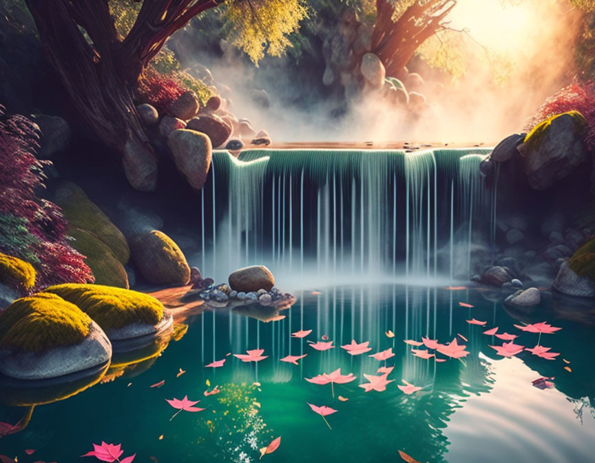 Serene waterfall and pond with lush greenery and pink leaves