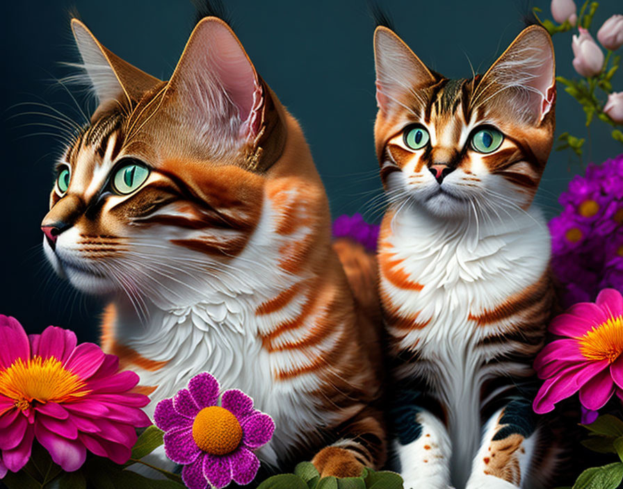 Striped Cats with Green Eyes Surrounded by Colorful Flowers on Dark Background