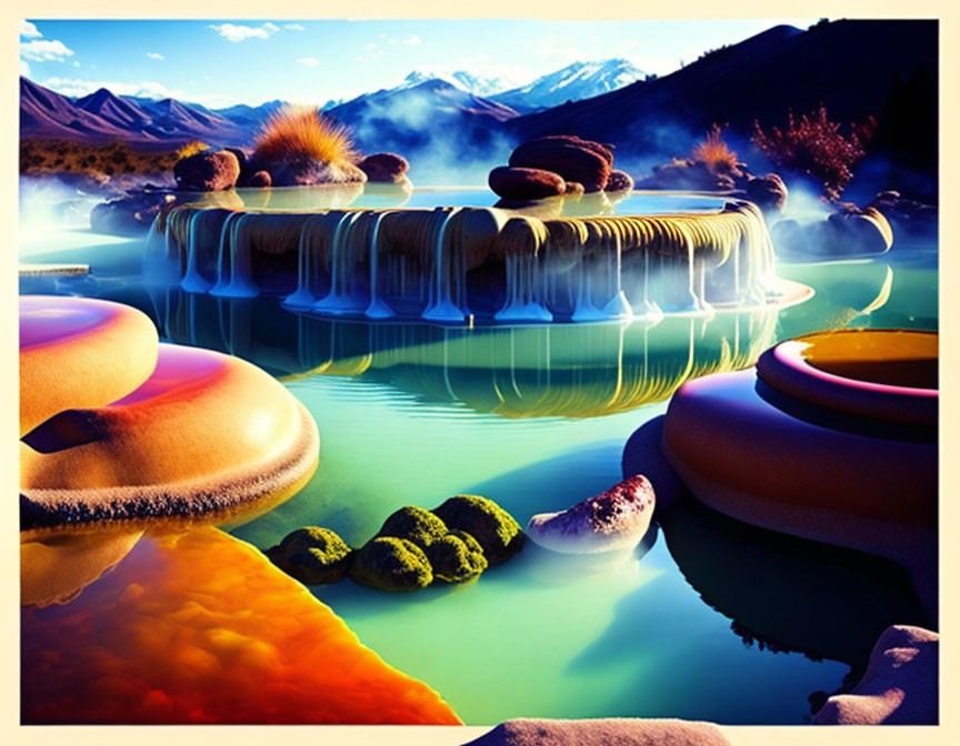 Vibrantly colored terraced thermal pools in lush mountain landscape