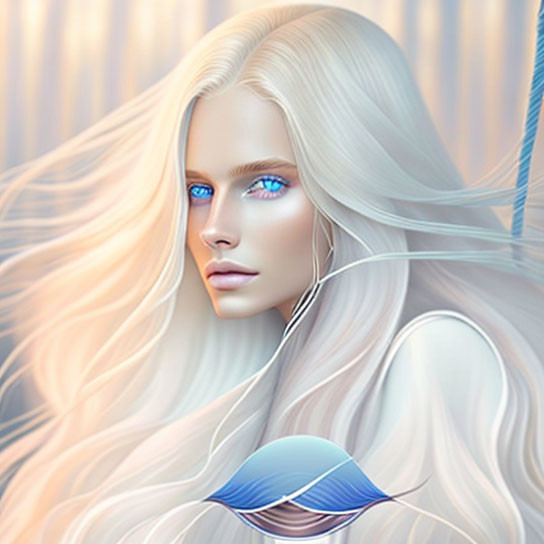 Digital Art: Woman with Long White Hair & Striking Blue Eyes