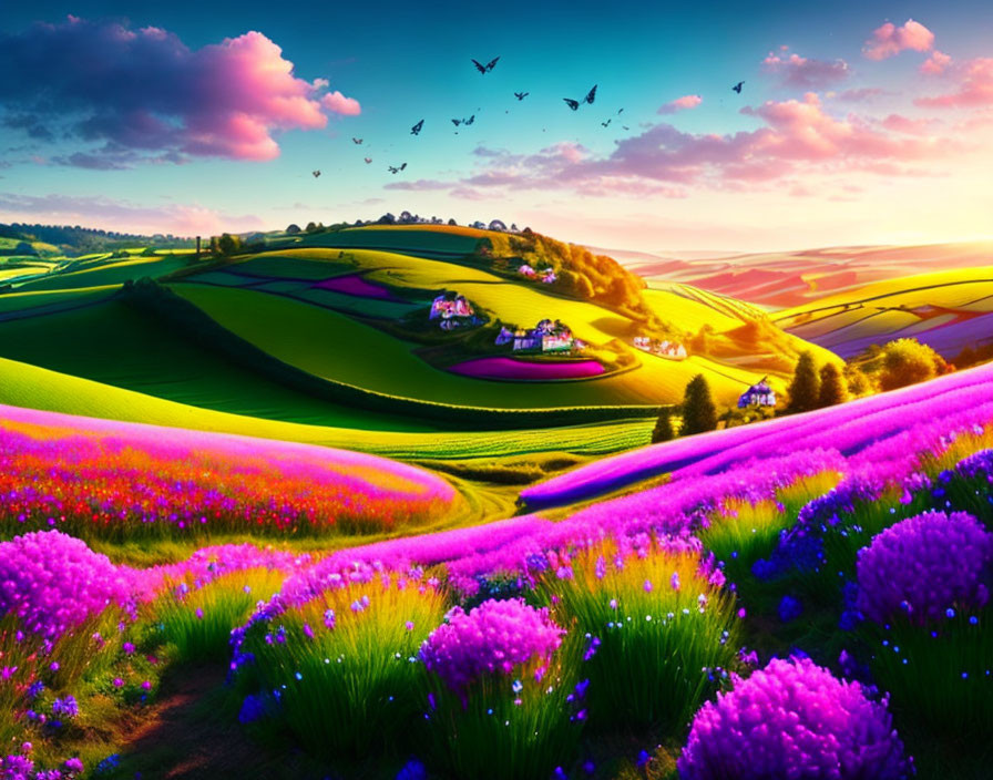 Vibrant purple and green fields under colorful sunset sky on rolling hills