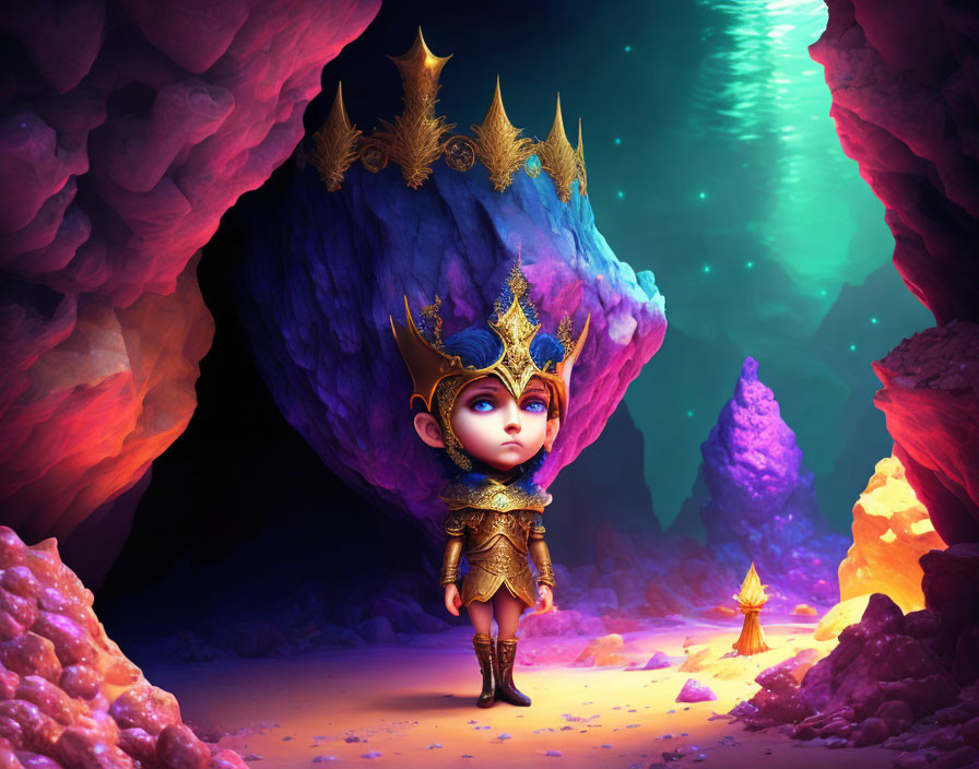 Stylized illustration of small character in royal attire in glowing cave