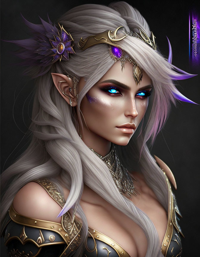 Fantasy elf with purple eyes, white hair, golden headpiece, and armor with purple gem accents