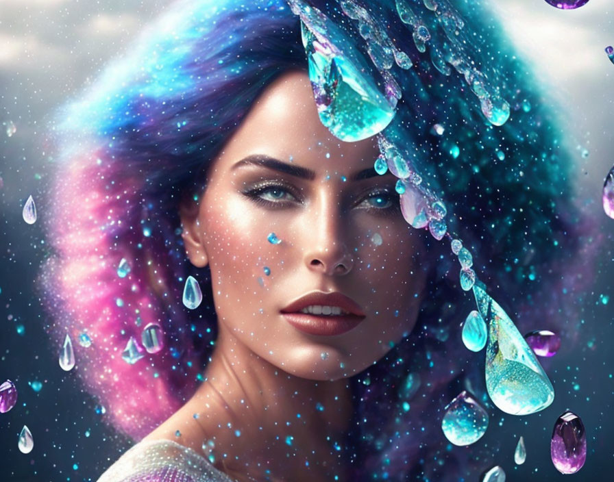 Surreal portrait of woman with cosmic-themed hair and sparkling jewels on starry backdrop