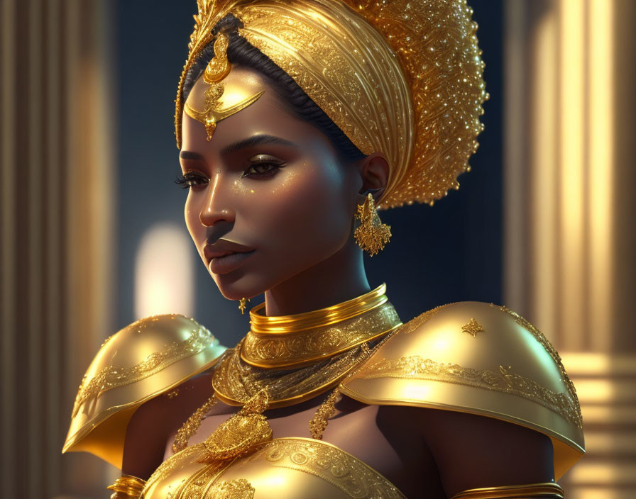 Regal woman in golden armor and headgear with intricate patterns and jewelry.