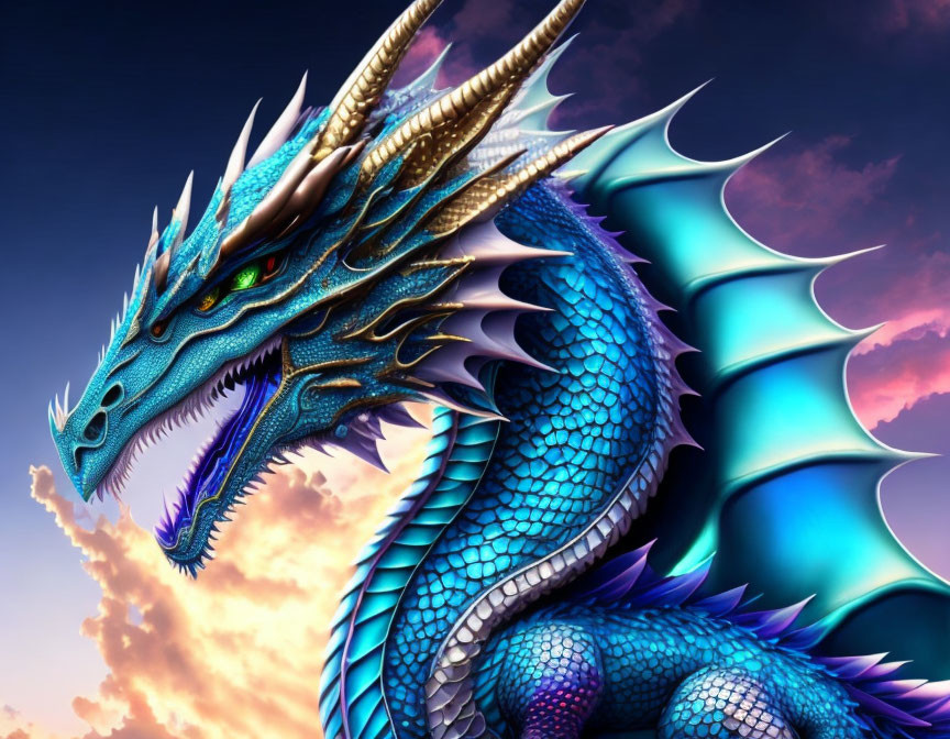 Detailed blue dragon illustration against twilight sky