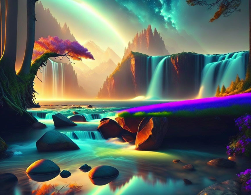 Fantastical landscape with aurora sky, waterfalls, river, and lush trees