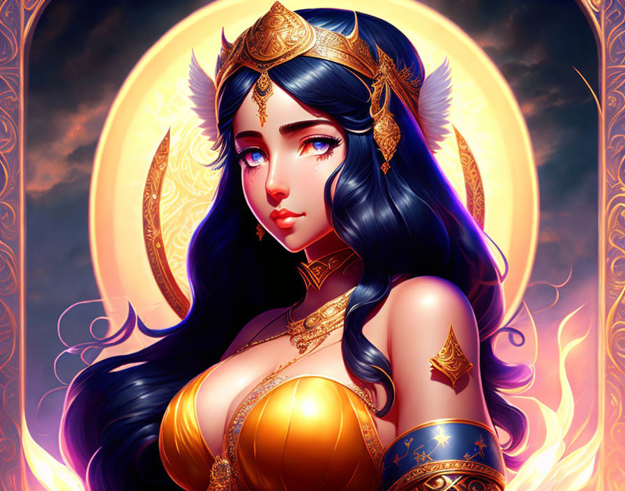 Fantasy character with blue hair and golden jewelry on orange background