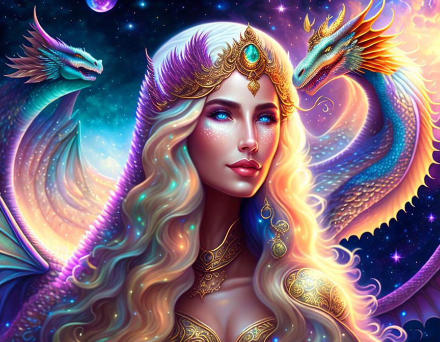 Fantastical digital art: Woman with golden headdress, dragons, starry sky