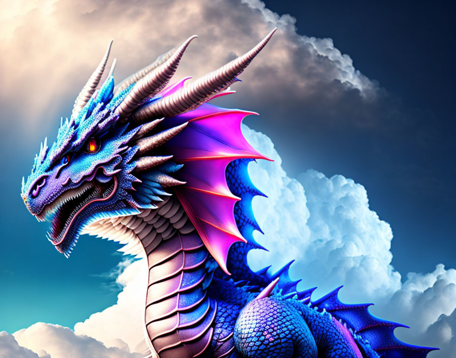 Colorful Digital Artwork: Blue and Purple Dragon with Horns and Scales against Cloudy Sky