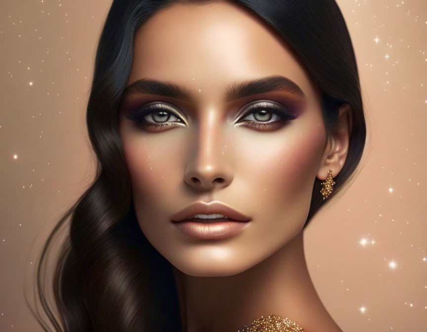 Woman with Striking Makeup and Glittering Accessories on Starry Background