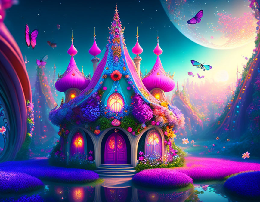 Fantasy Cottage with Purple Spires, Moonlit Garden, and Butterflies