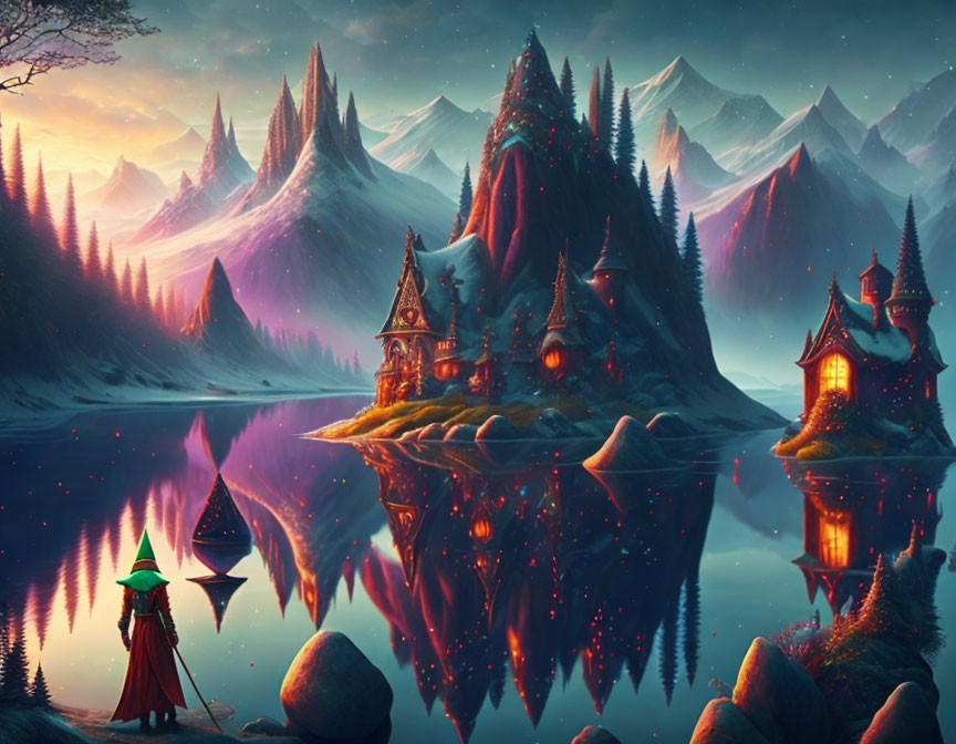 Fantastical landscape with cloaked figure by reflective lake at dusk