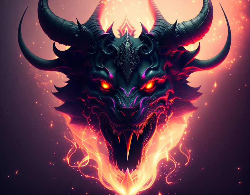 Black dragon digital artwork with red glowing eyes and horns in ethereal flames.