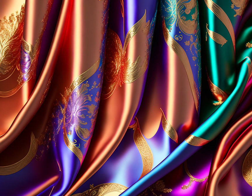 Satin Fabrics in Gold, Red, Purple, and Teal with Metallic Sheen