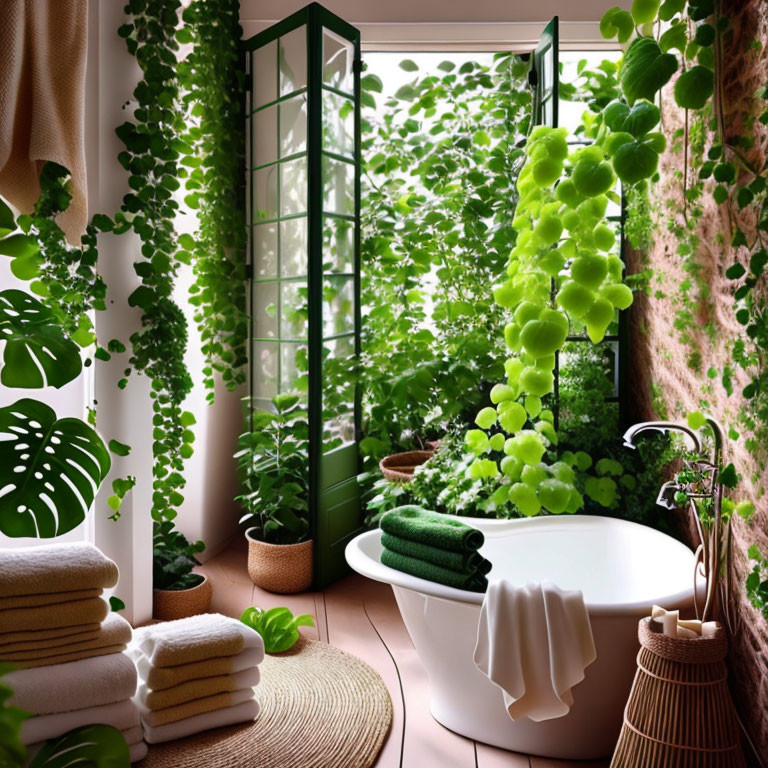 Lush Green Plants, White Bathtub, and Stacked Towels in Bright Bathroom