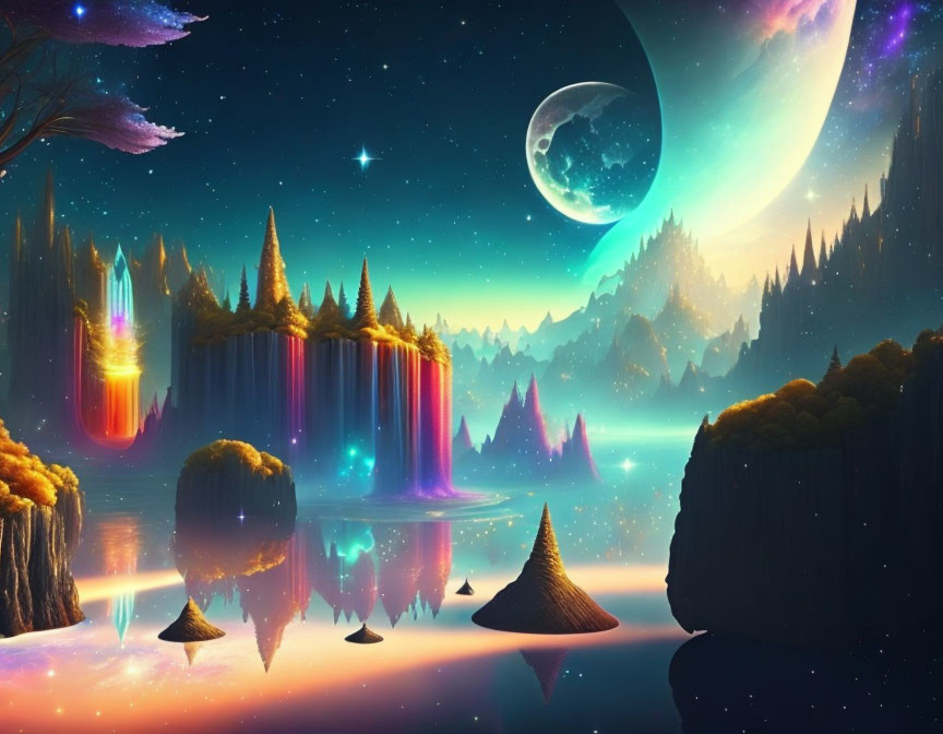 Multicolored Waterfalls, Floating Islands, Luminous Night Sky