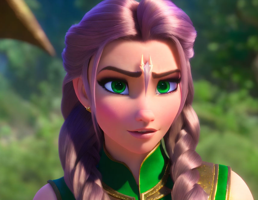 Detailed close-up of animated female character with braided hair and tiara in forest.