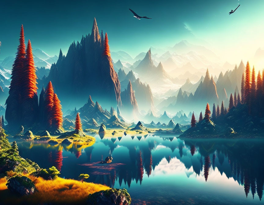 Scenic landscape with vibrant trees, sharp mountains, reflective lake, eagles, and warm sunrise
