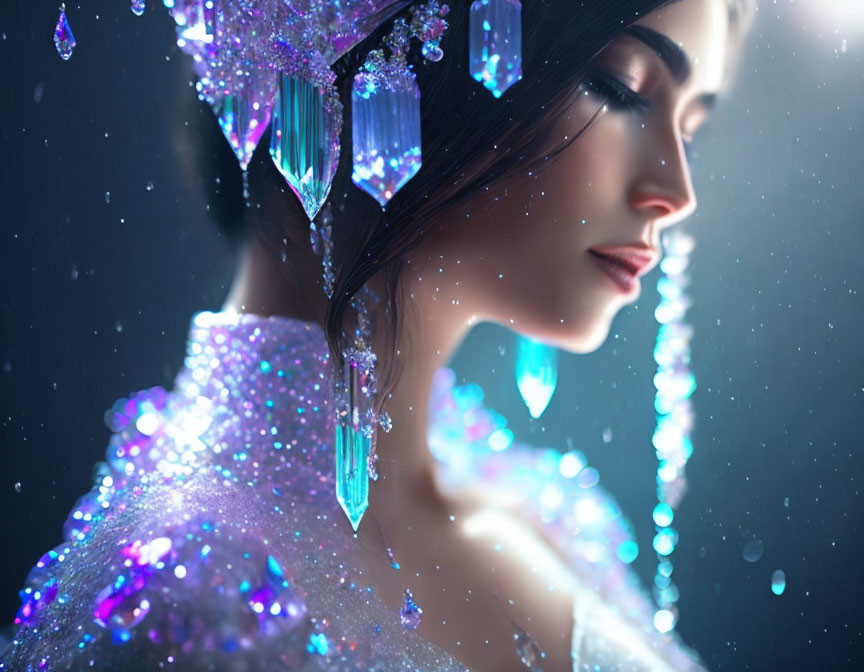 Woman with crystalline adornments in bluish light and floating particles.