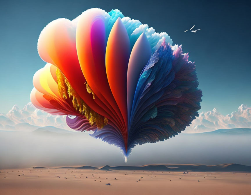 Colorful Shell-Like Structure in Desert Landscape with Bird Flying