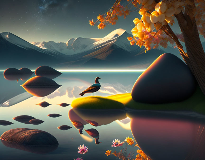 Surreal landscape with bird, floating stones, reflective water, mountains, tree, and flowers.