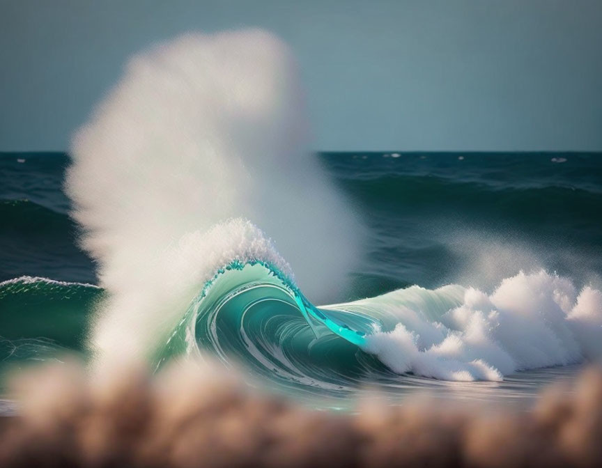 Turquoise Wave Curling Against Blurred Beach and Blue Sky