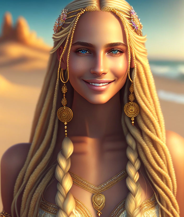 Blonde woman with braided hair and gold jewelry on beach backdrop