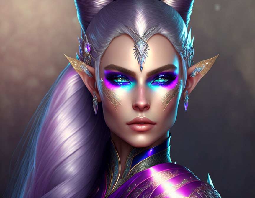 Elf illustration with violet hair, blue eyes, gold-adorned ears, and silver tiara