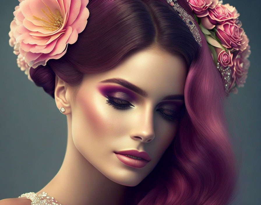 Portrait of Woman with Pink Wavy Hair and Floral Accessories