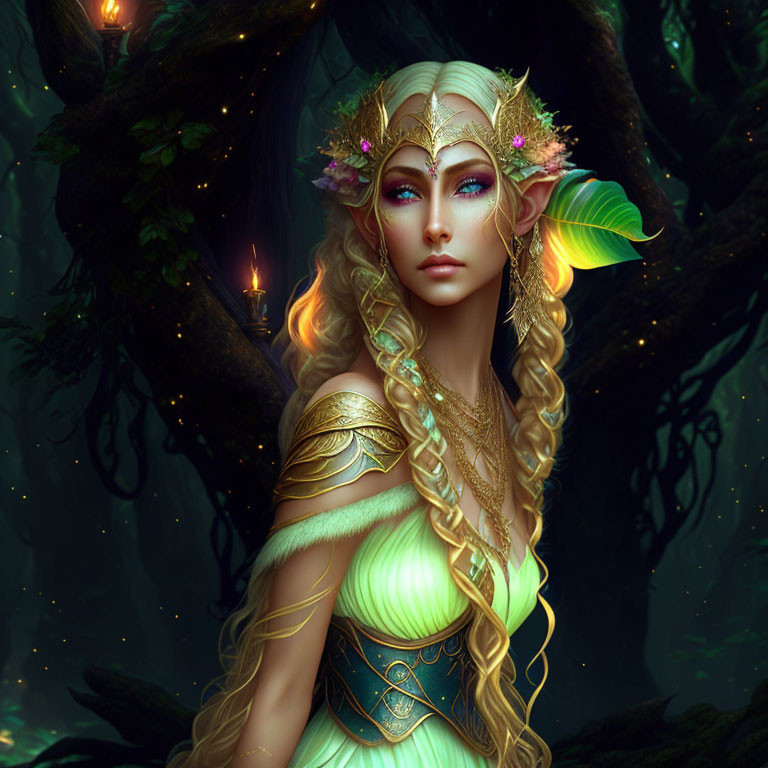 Intricate gold headpiece on elf with blue eyes in mystical forest