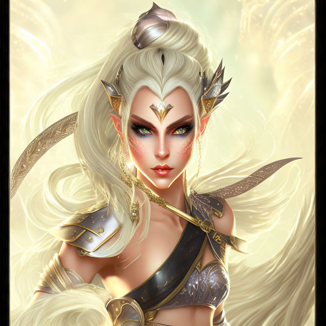 Fantasy elf character with pale skin, white hair, and golden armor on soft glowing background