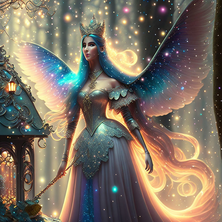 Ethereal fairy queen with iridescent wings, regal crown, lantern, starry backdrop