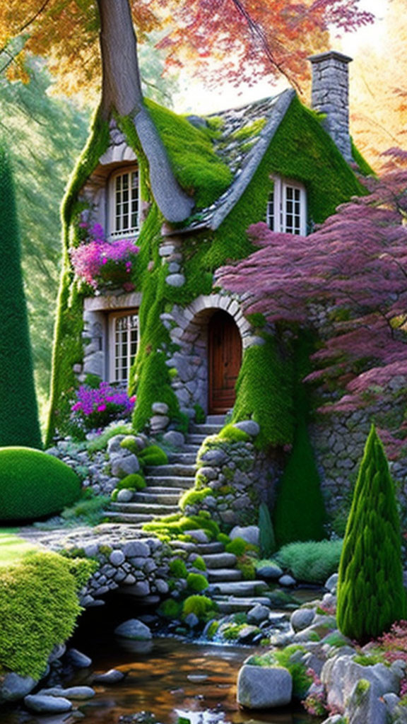 Stone cottage with ivy, garden, stream, and wooden door.