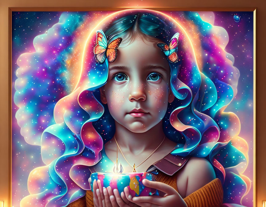 Digital Art: Young Girl with Cosmic Hair and Butterflies Holding Light Source