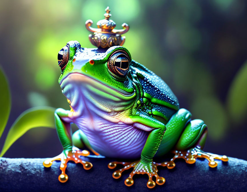 Colorful frog wearing a golden crown on green background