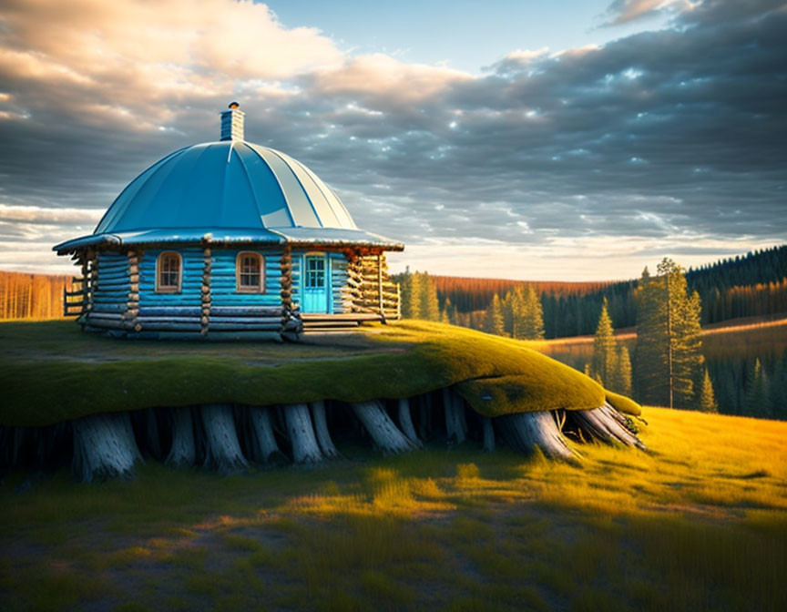 Rustic log cabin with blue dome roof in pine forest sunset