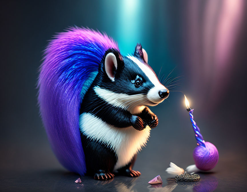 Whimsical skunk with purple and white coat lighting candle