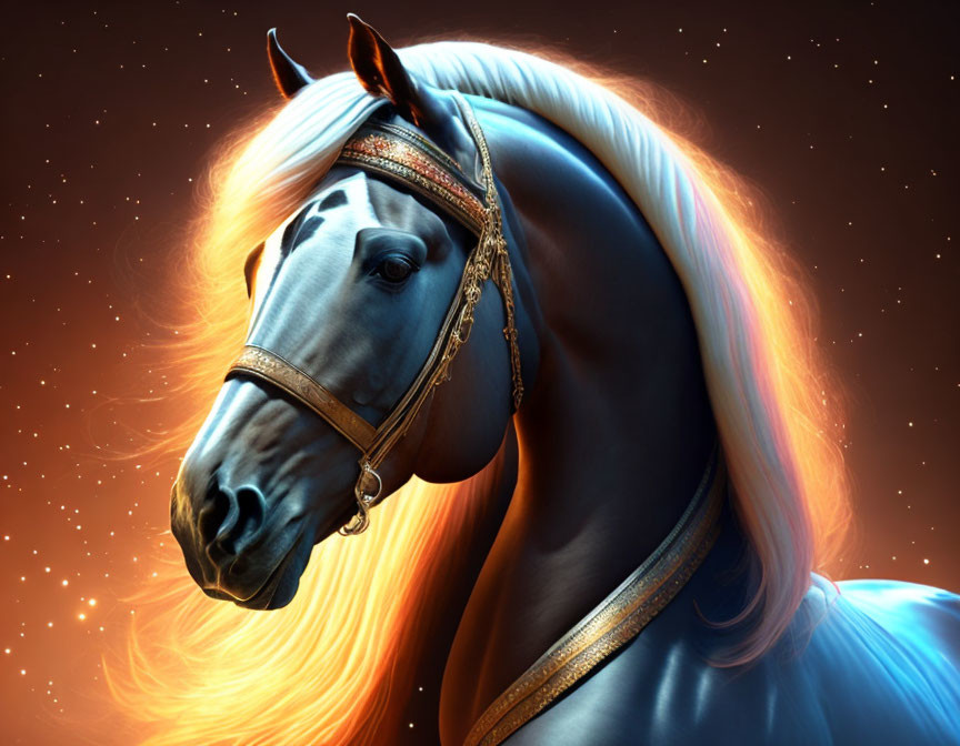 Majestic horse with glossy coat and glowing mane on warm amber background