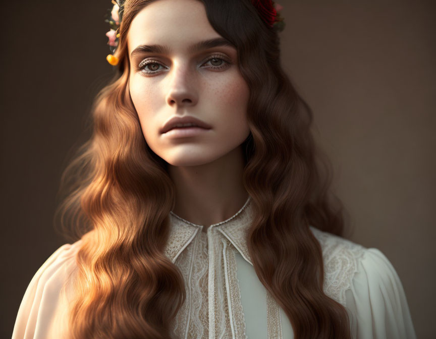 Woman with Wavy Hair and Flower Adornments in Vintage Lace Dress