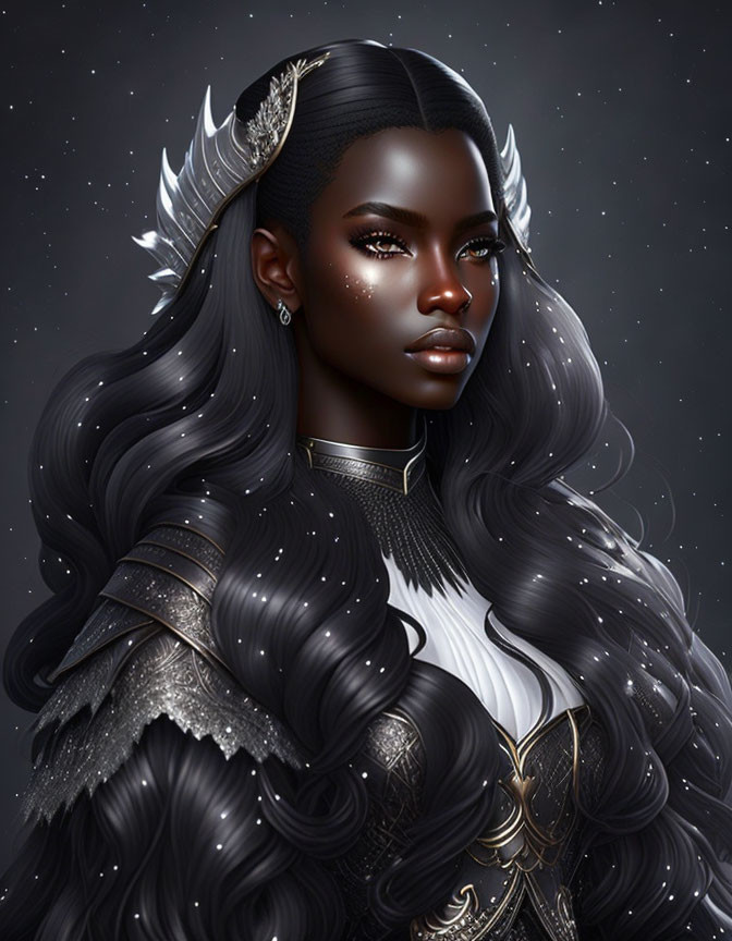 Dark-skinned fantasy woman in armor with feathered headpiece.