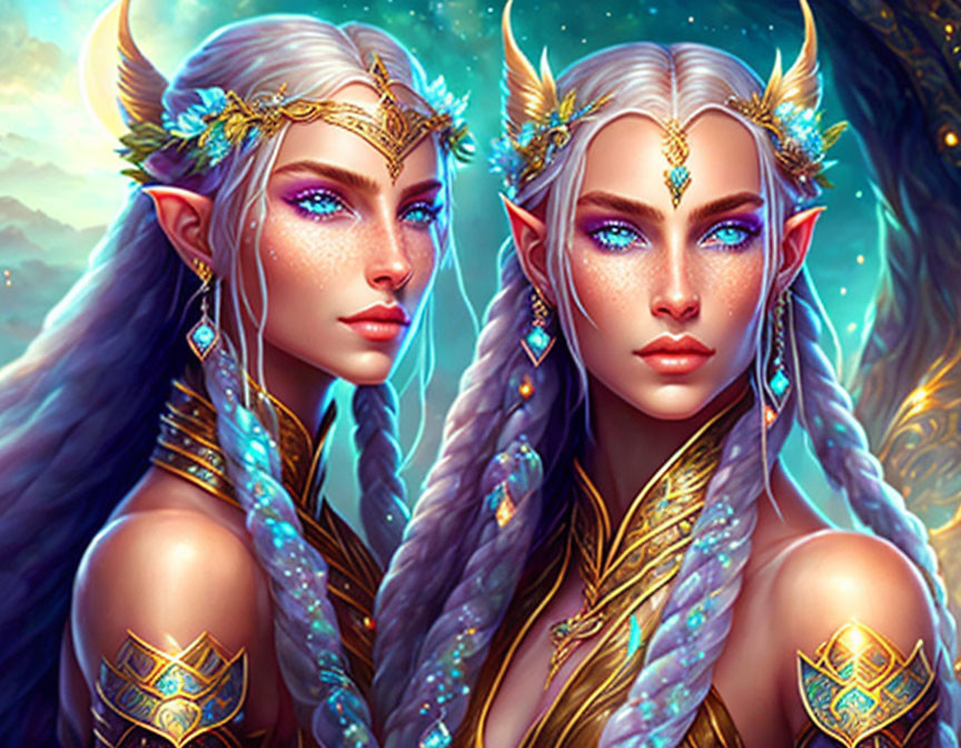 Ethereal elf-like characters with gold headpieces in celestial setting