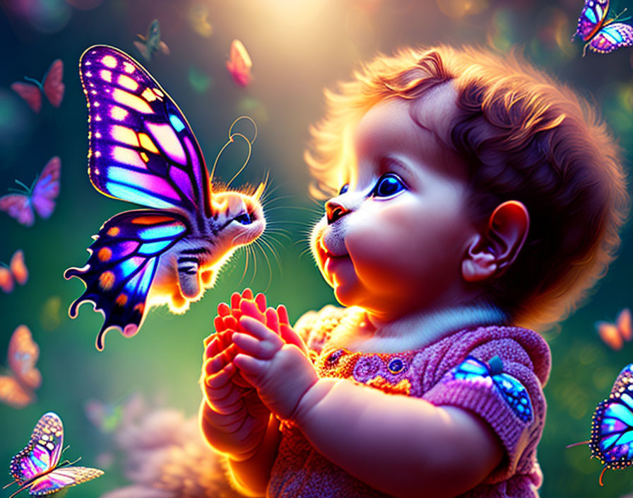 Infant mesmerized by colorful butterfly on nose amid luminous backdrop.