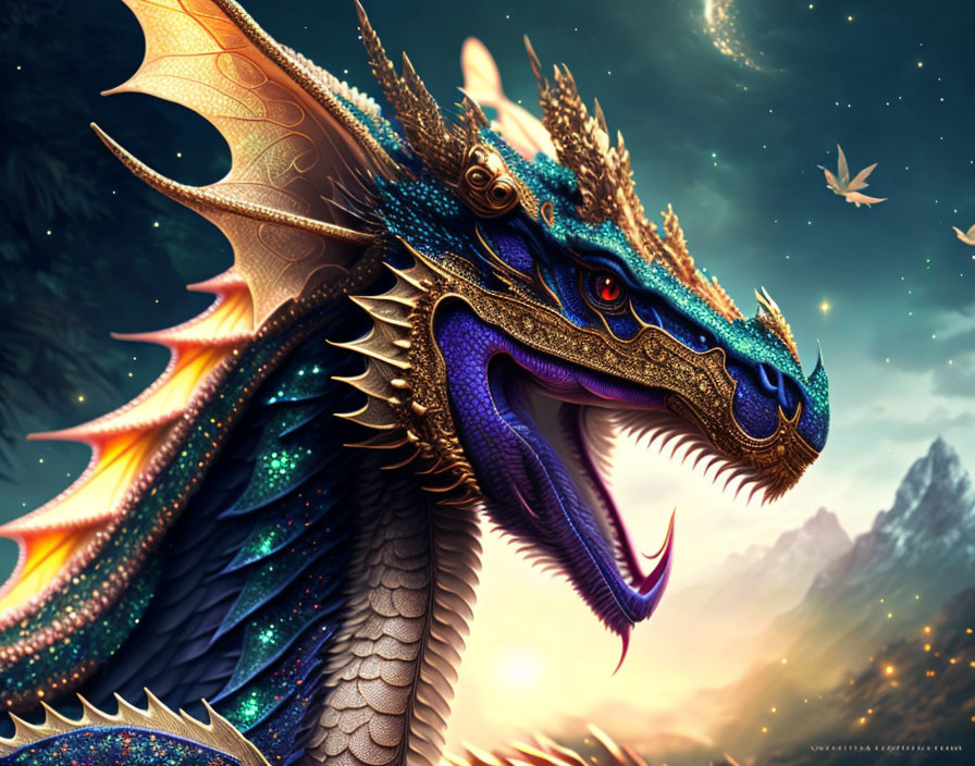 Colorful Dragon with Scales and Horns Under Starry Sky and Butterfly
